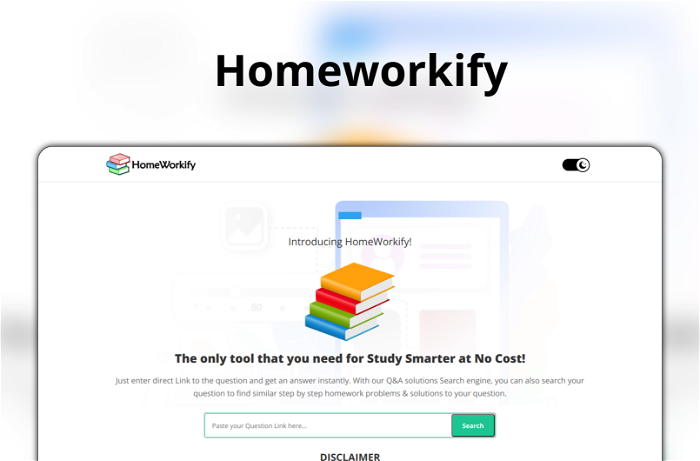 Homeworkify Thumbnail, showing the homepage and logo of the tool