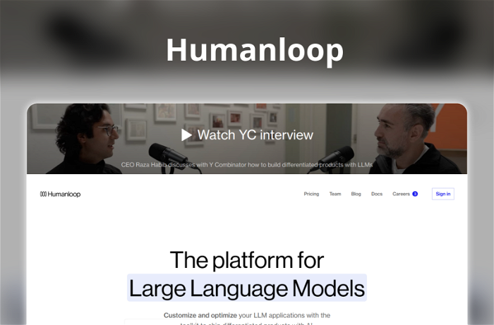 Humanloop Thumbnail, showing the homepage and logo of the tool
