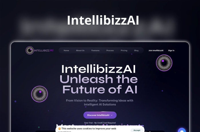 IntellibizzAI Thumbnail, showing the homepage and logo of the tool