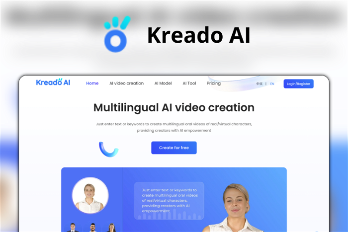 Kreado AI Thumbnail, showing the homepage and logo of the tool