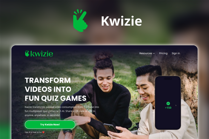 Kwizie Thumbnail, showing the homepage and logo of the tool