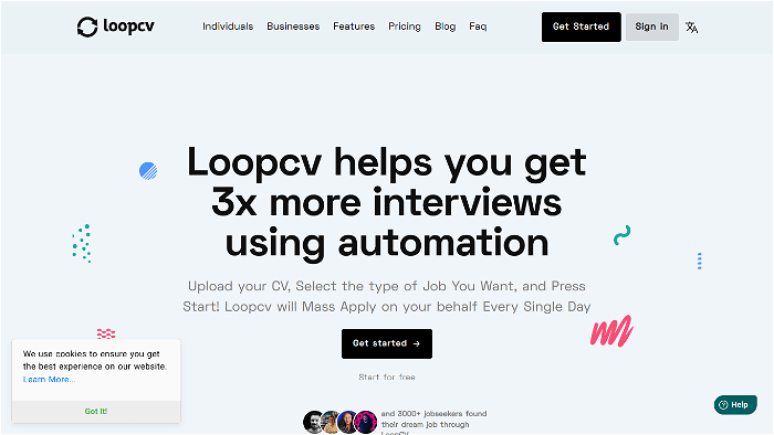 Screenshot of LoopCV's website.