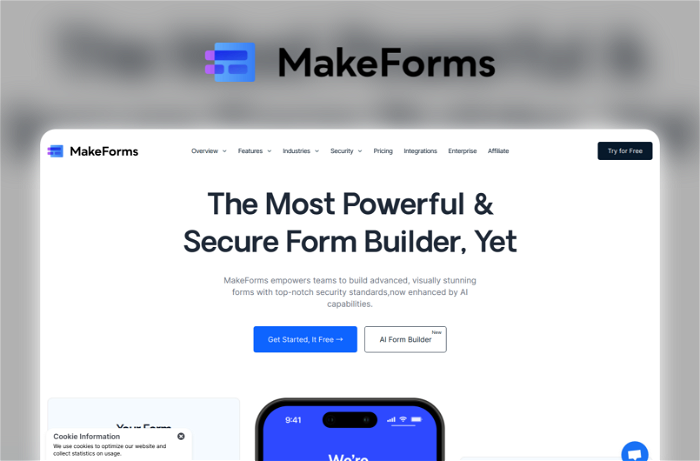 MakeForms Thumbnail, showing the homepage and logo of the tool