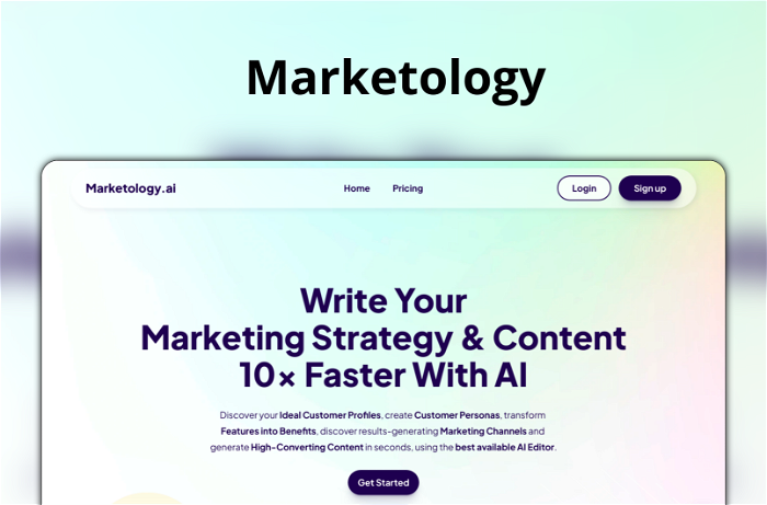 Marketology Thumbnail, showing the homepage and logo of the tool