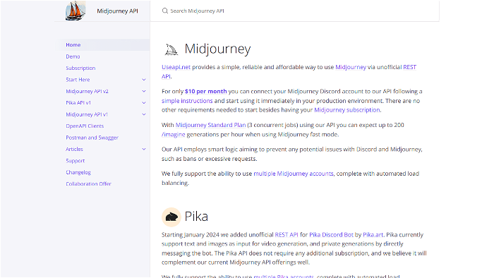 screenshot of Midjourney API's website