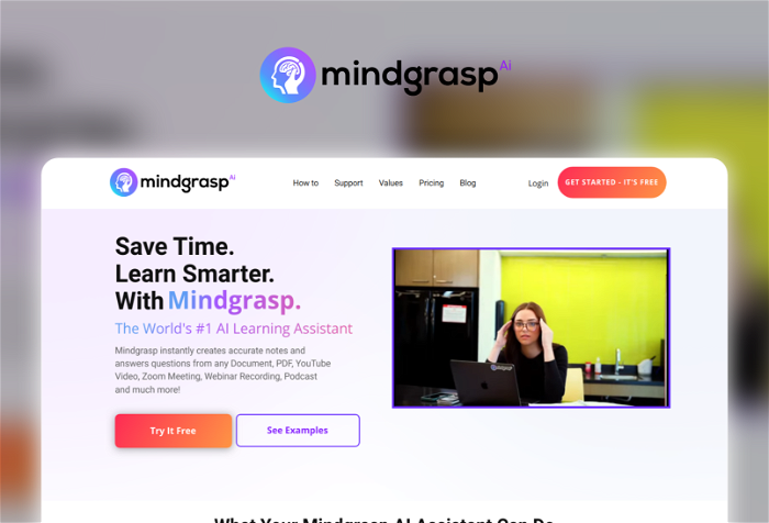 Mindgrasp Thumbnail, showing the homepage and logo of the tool