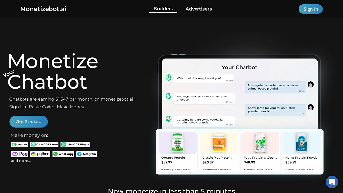 screenshot of Monetizebot.ai's website