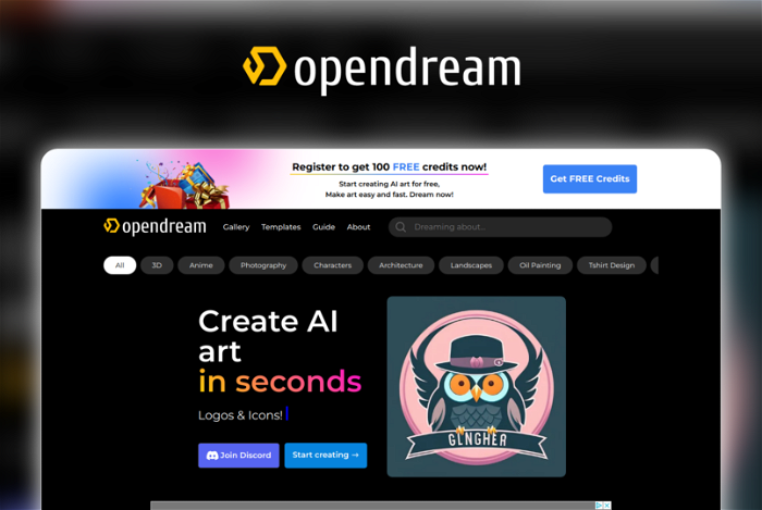 OpenDream AI Thumbnail, showing the homepage and logo of the tool