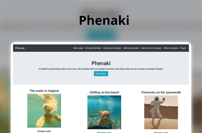 Phenaki Thumbnail, showing the homepage and logo of the tool