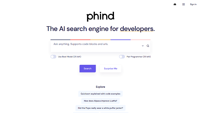 Screenshot of Phind's website.
