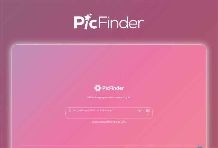 PicFinder Thumbnail, showing the homepage and logo of the tool