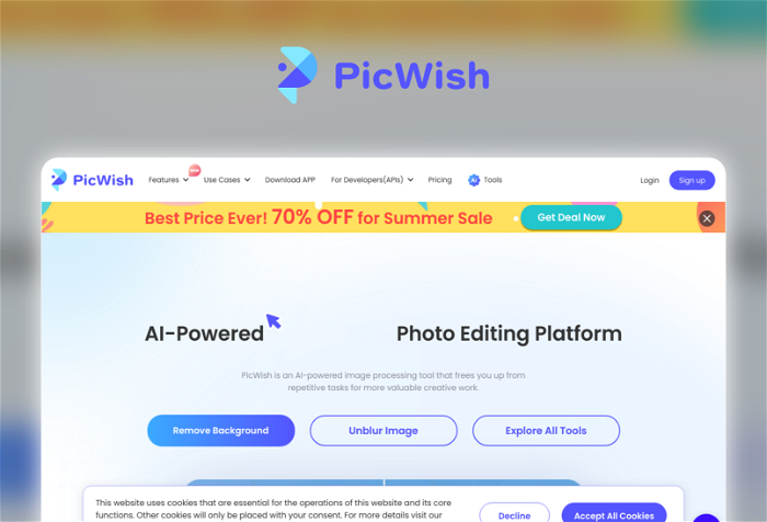 PicWish Thumbnail, showing the homepage and logo of the tool