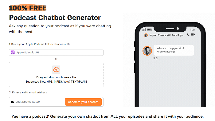 screenshot of Podcast Chatbot Generator's website