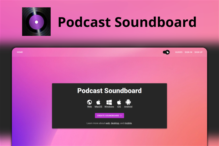 Podcast Soundboard Thumbnail, showing the homepage and logo of the tool