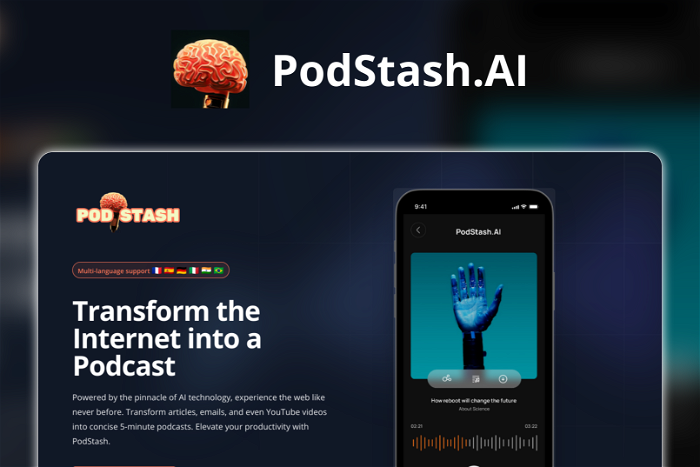 PodStash.AI Thumbnail, showing the homepage and logo of the tool