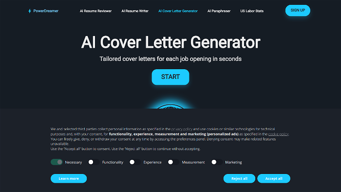 screenshot of PowerDreamer AI Cover Letter Generator's website