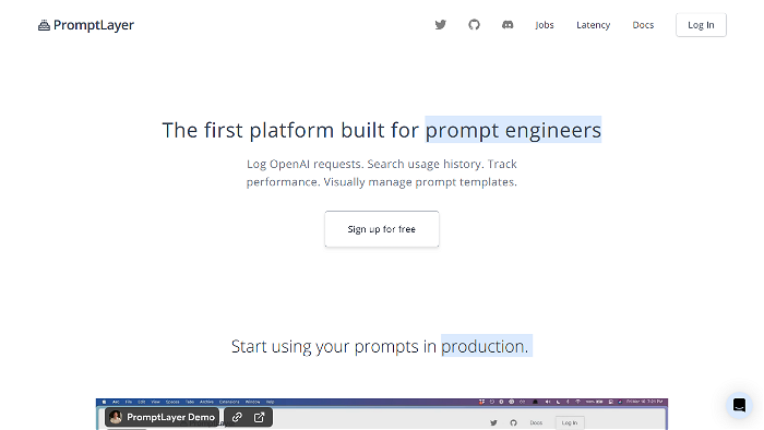 screenshot of PromptLayer's website
