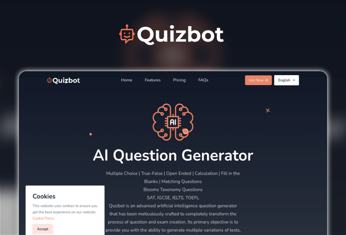 Quizbot Thumbnail, showing the homepage and logo of the tool