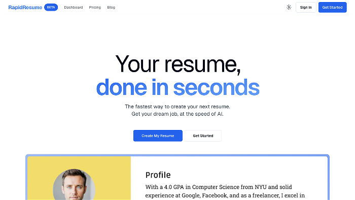 screenshot of Rapid Resume's website