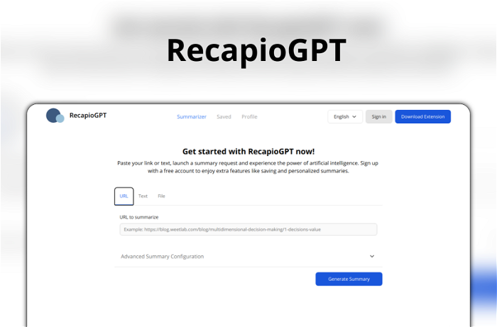 RecapioGPT Thumbnail, showing the homepage and logo of the tool