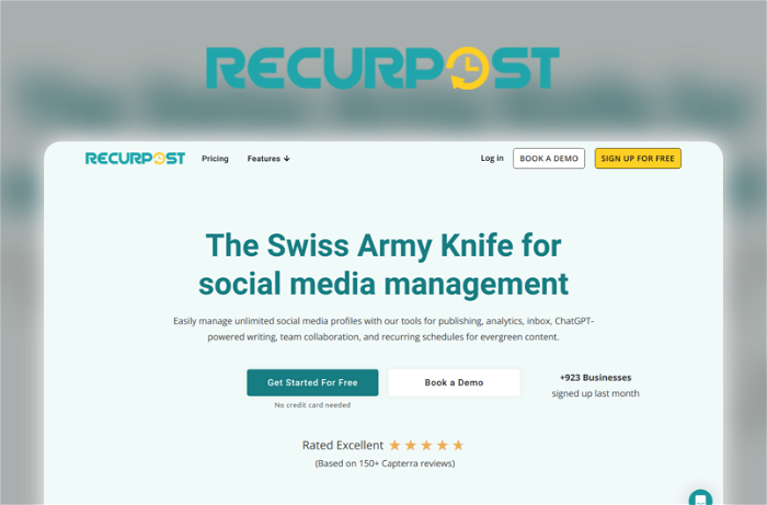 RecurPost Thumbnail, showing the homepage and logo of the tool