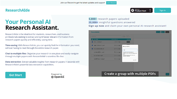 screenshot of ResearchAIde's website