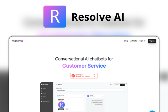 Resolve AI Thumbnail, showing the homepage and logo of the tool