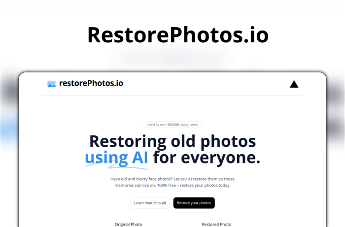 RestorePhotos.io Thumbnail, showing the homepage and logo of the tool