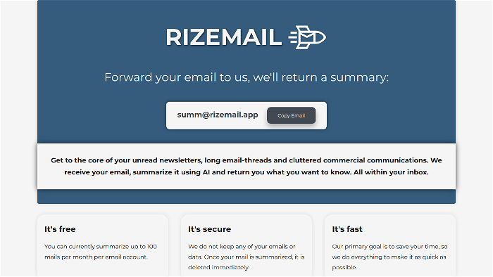 screenshot of Rizemail's website