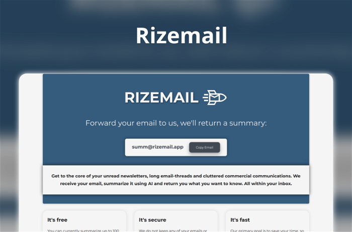Rizemail Thumbnail, showing the homepage and logo of the tool