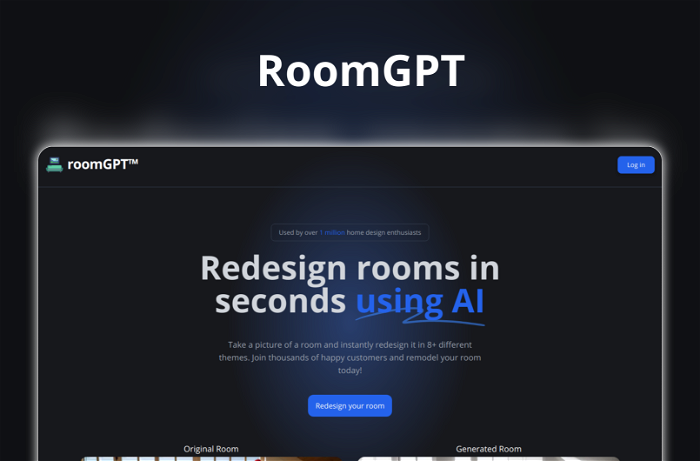 RoomGPT Thumbnail, showing the homepage and logo of the tool