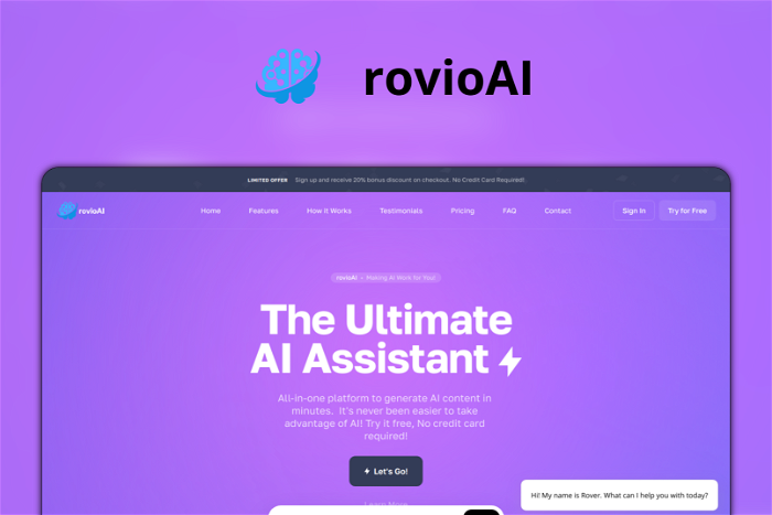 rovioAI Thumbnail, showing the homepage and logo of the tool