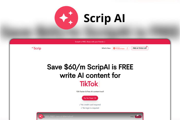 Scrip AI Thumbnail, showing the homepage and logo of the tool