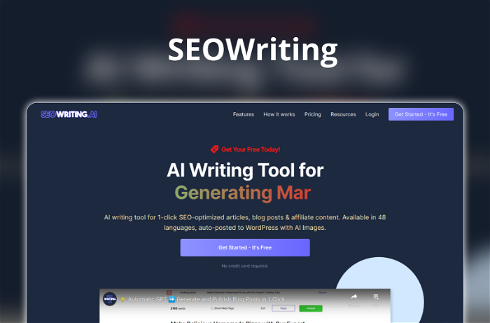 SEOWriting Thumbnail, showing the homepage and logo of the tool