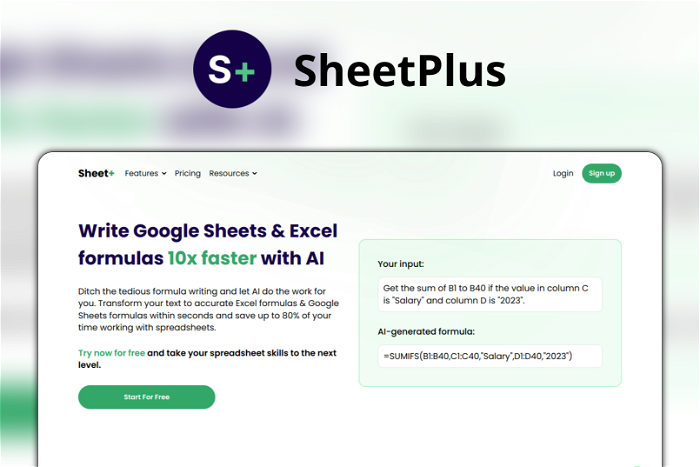 SheetPlus Thumbnail, showing the homepage and logo of the tool