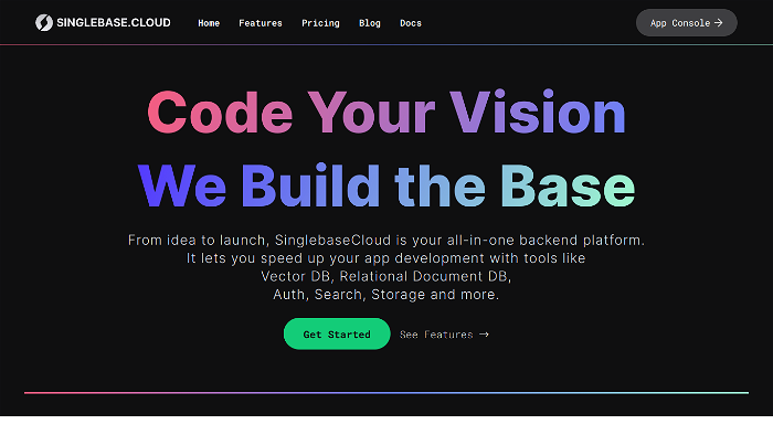 screenshot of SinglebaseCloud's website