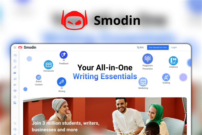 Smodin Thumbnail, showing the homepage and logo of the tool