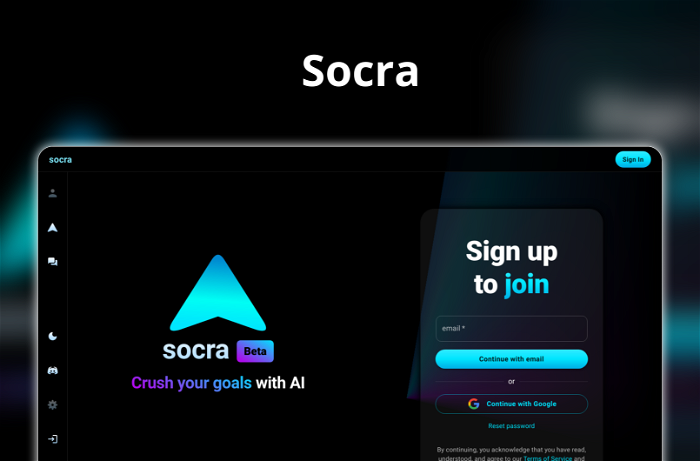 Socra Thumbnail, showing the homepage and logo of the tool