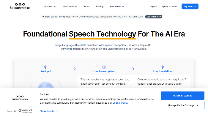 screenshot of Speechmatics's website