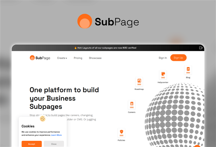 Subpage Thumbnail, showing the homepage and logo of the tool