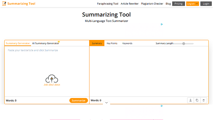 screenshot of Summarizing Tool's website