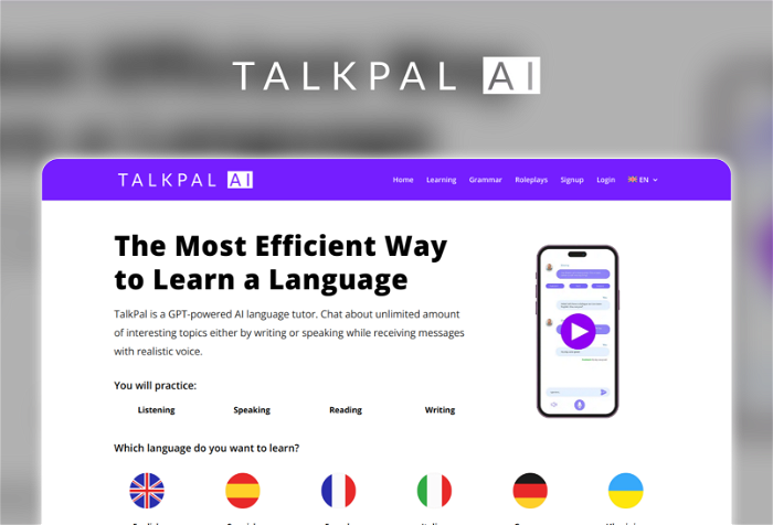 Talkpal Thumbnail, showing the homepage and logo of the tool