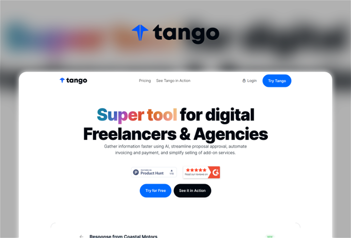 Tango AI Thumbnail, showing the homepage and logo of the tool