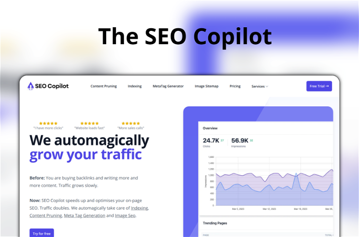 The SEO Copilot Thumbnail, showing the homepage and logo of the tool