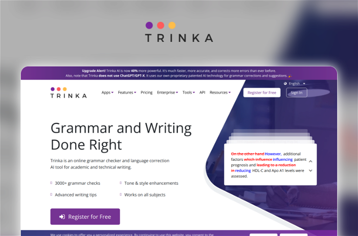 Trinka Thumbnail, showing the homepage and logo of the tool