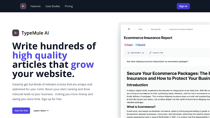 screenshot of TypeMule's website