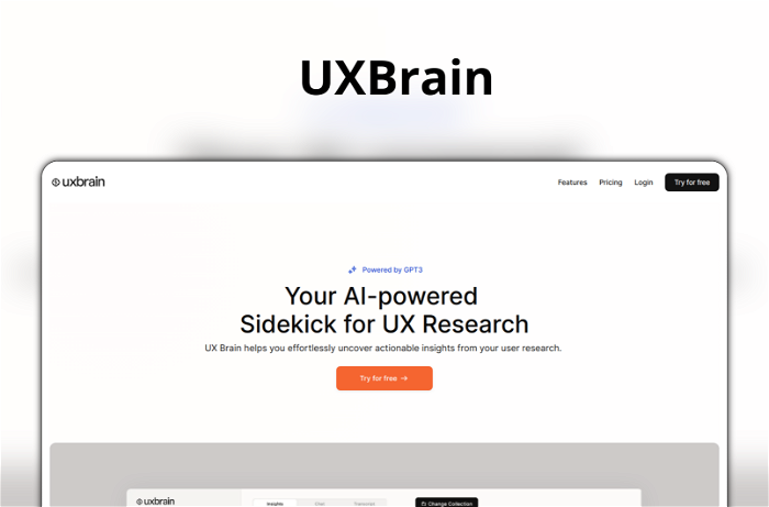 UXBrain Thumbnail, showing the homepage and logo of the tool