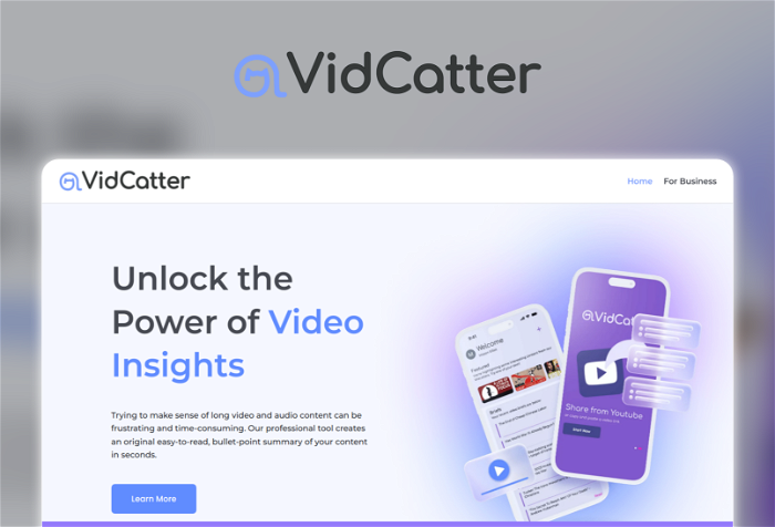 Vidcatter Thumbnail, showing the homepage and logo of the tool