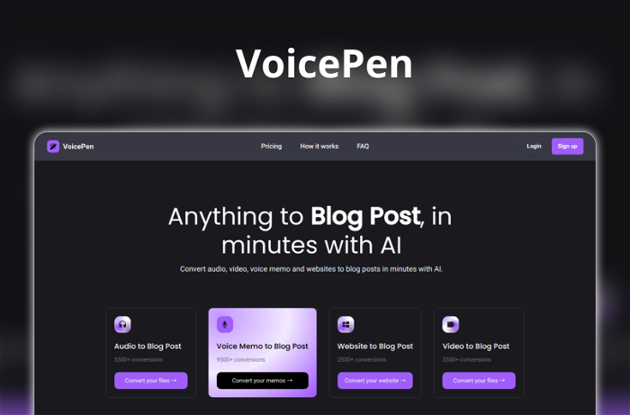 VoicePen Thumbnail, showing the homepage and logo of the tool