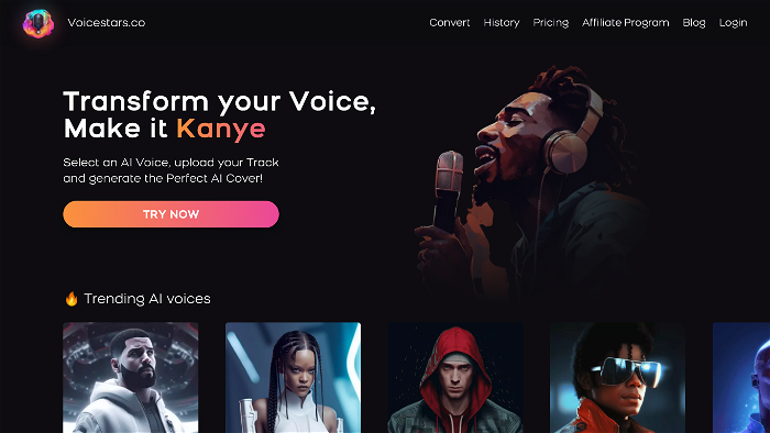 screenshot of Voicestars's website